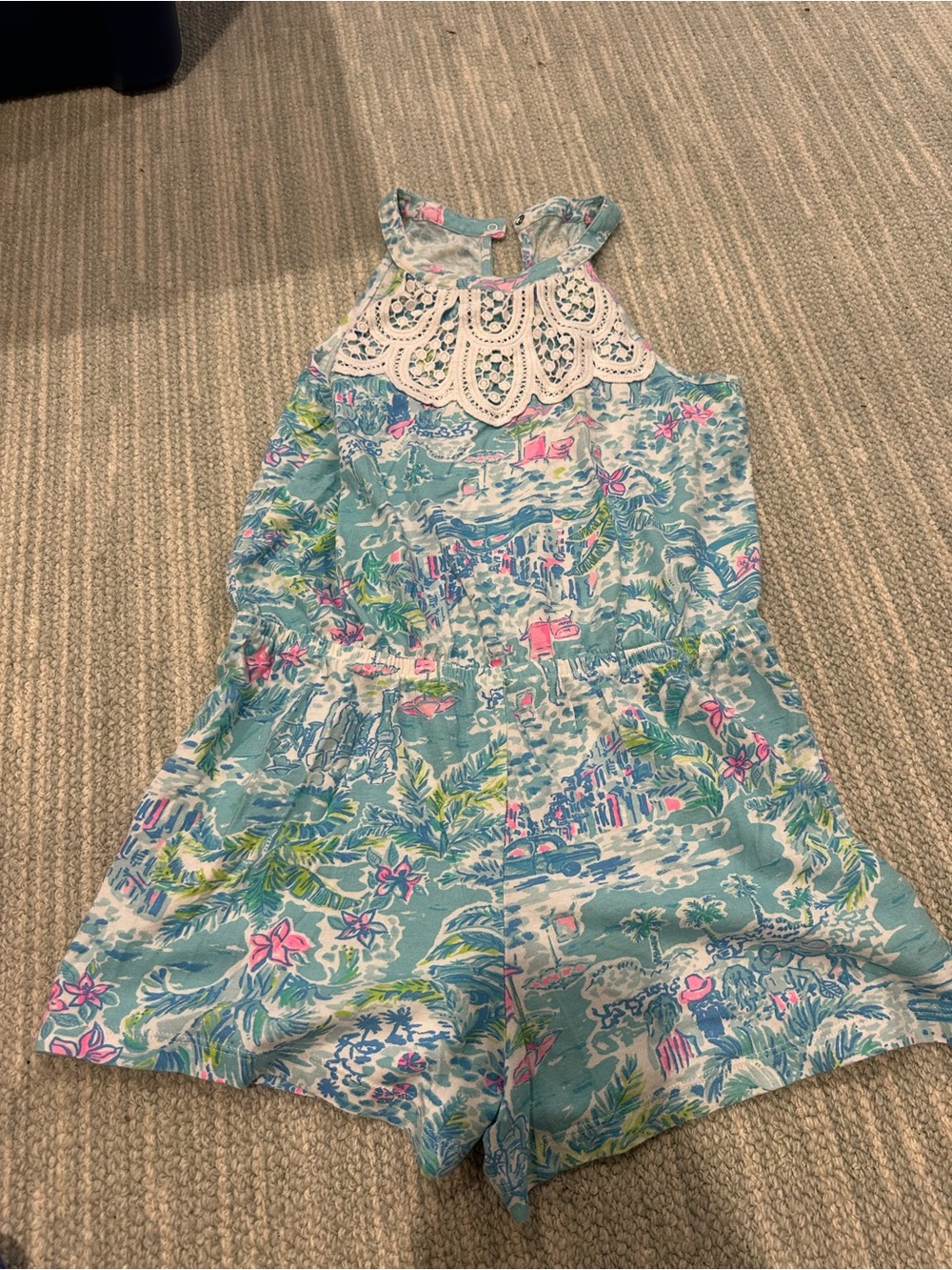 Lilly Pulitzer Aqua Floral Halter Romper with Lace Yoke